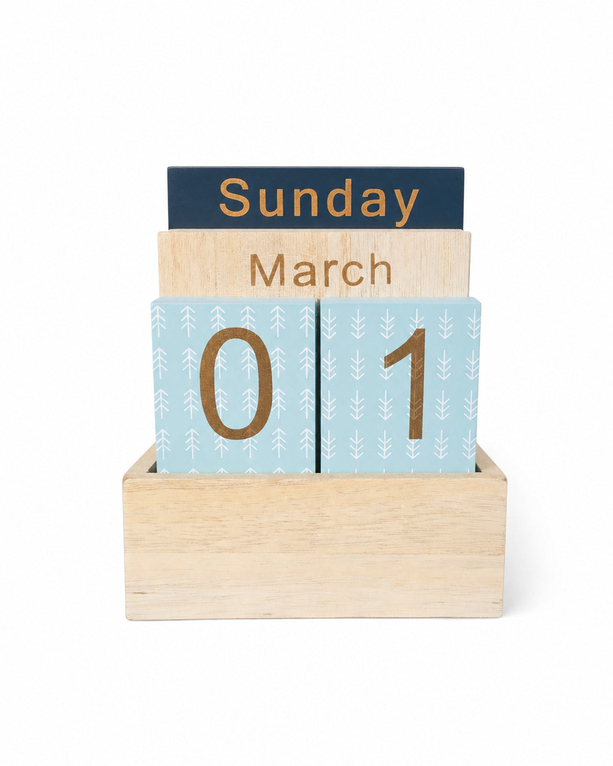 Calendar perpetuu din lemn pentru birou, cu plăcuțe pentru zi, lună și dată, vedere din față - All Above Boutique