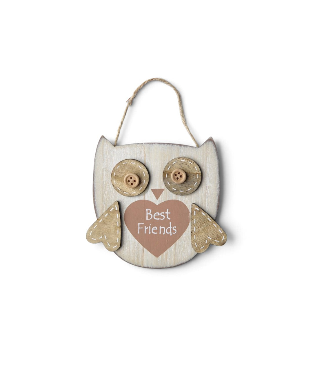 Ornament din lemn în formă de bufniță, cu mesajul „Best Friends”.