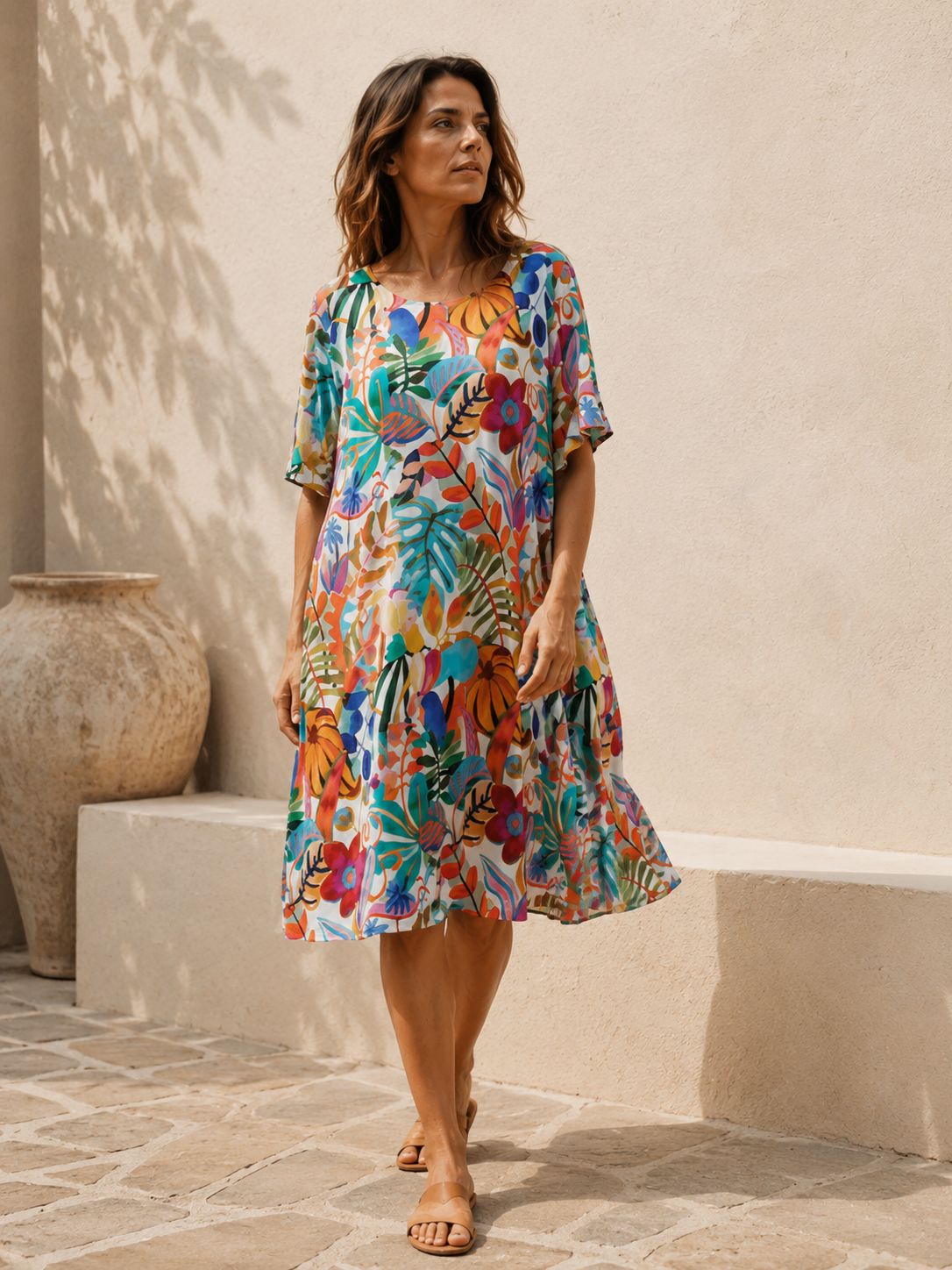 Rochie cu imprimeu tropical, detaliu material și imprimeu colorat — All Above Boutique.