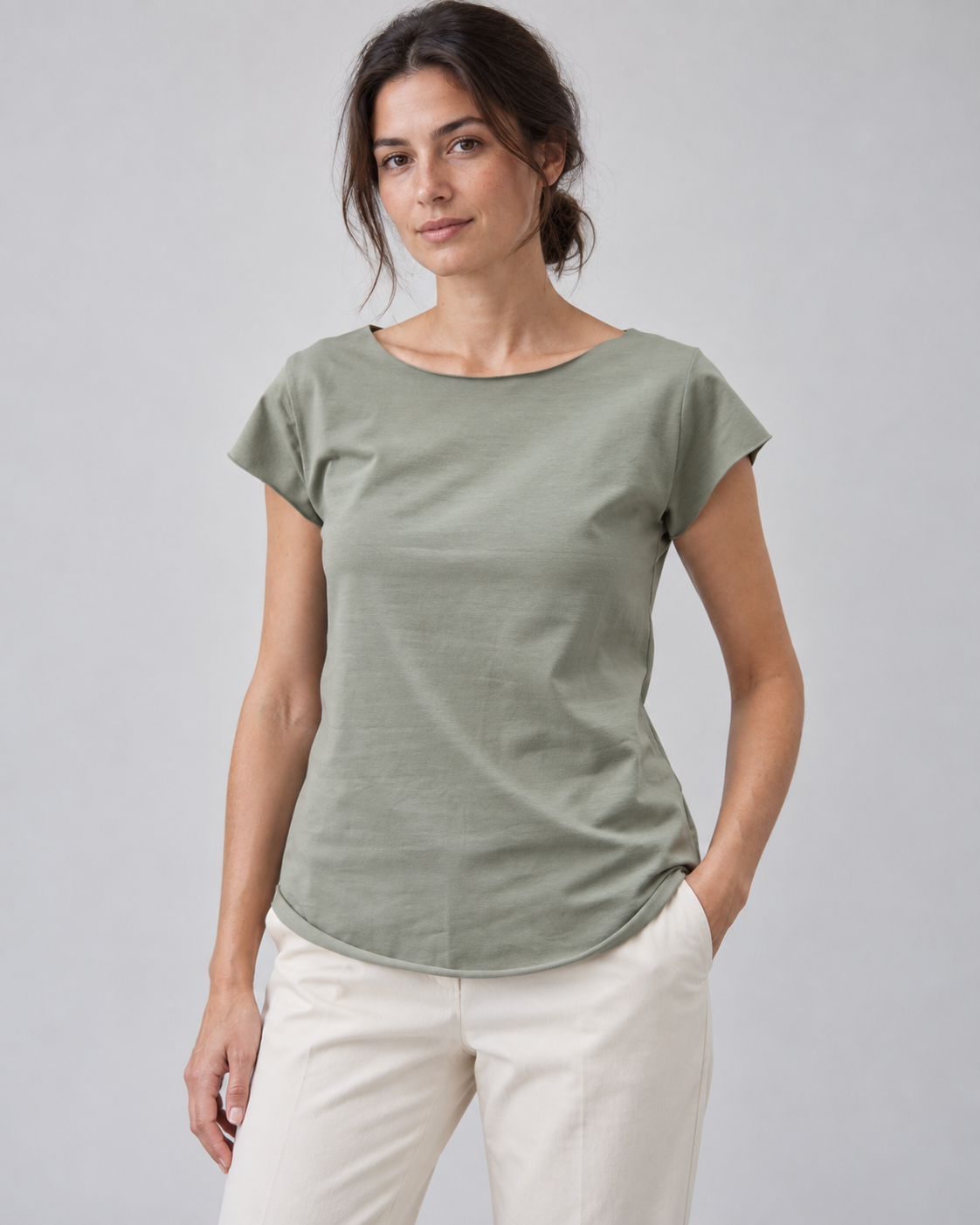 Tricou basic din bumbac cu margini fără tiv, nuanță kaki