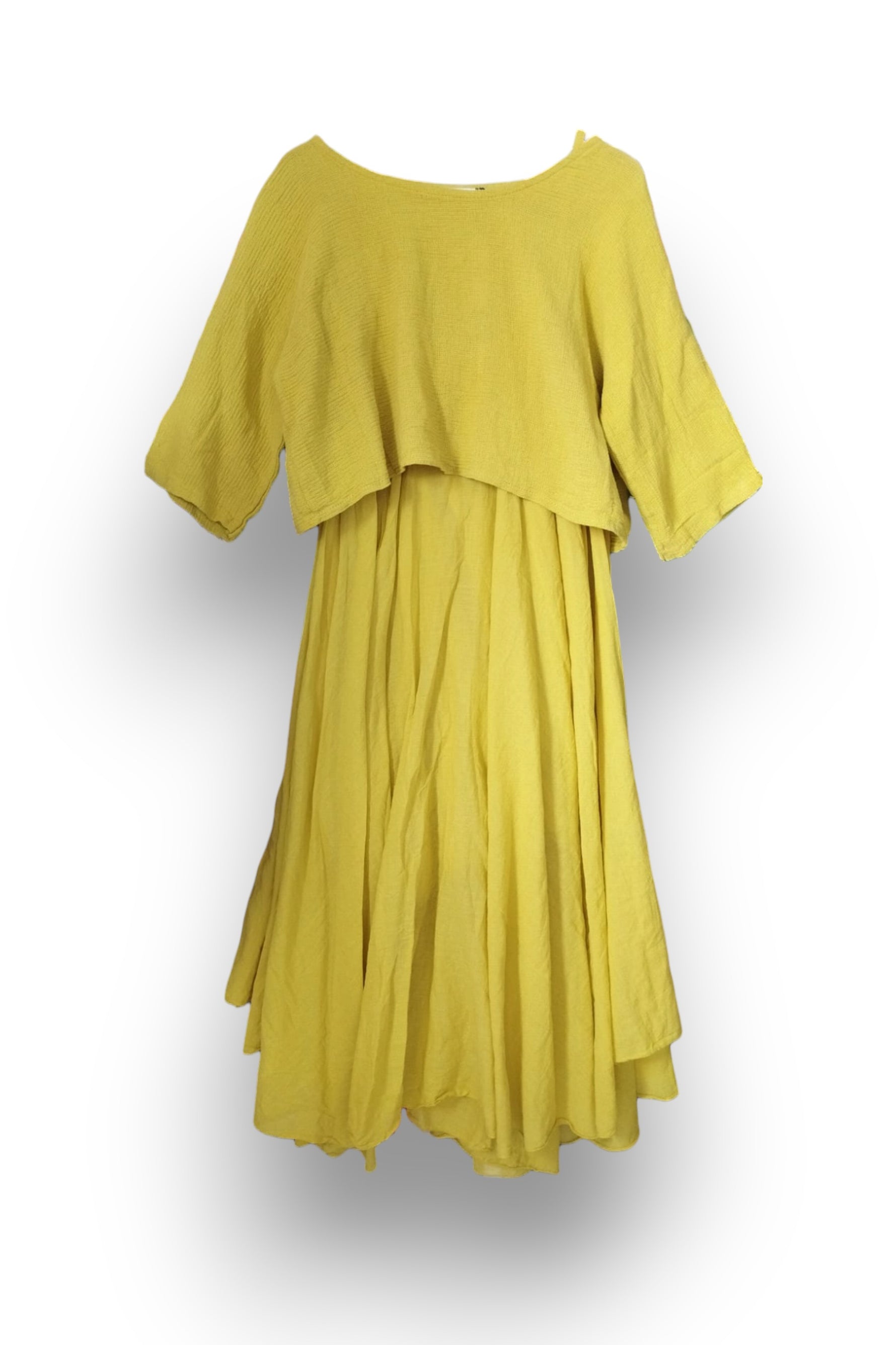 Rochie midi galben muștar din bumbac, cu croi vaporos și crop top inclus — All Above Boutique.