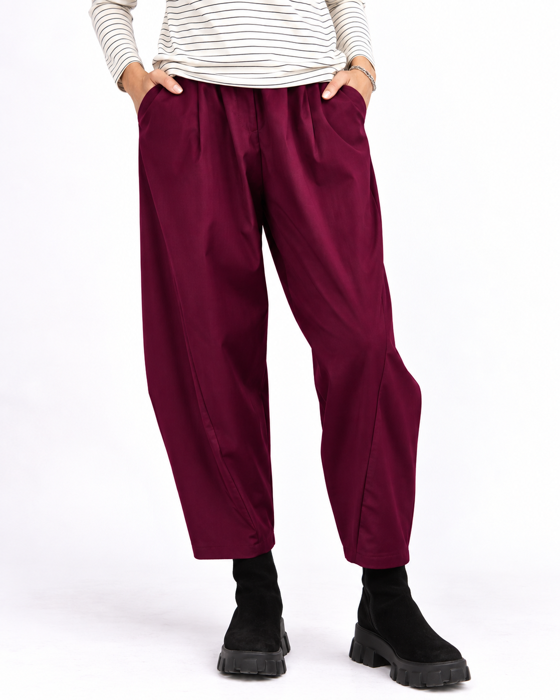 Pantaloni barrel din bengalină, croială lejeră, nuanță bordo - All Above Boutique