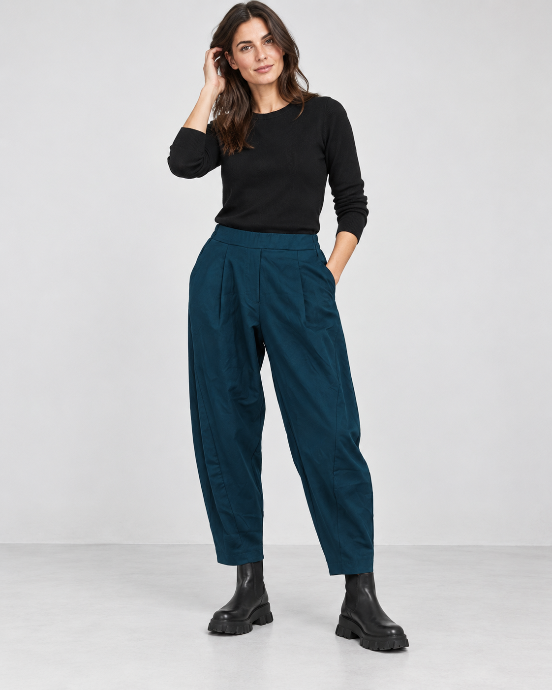 Pantaloni barrel damă cu croială lejeră din viscoză, nuanță turcoaz închis