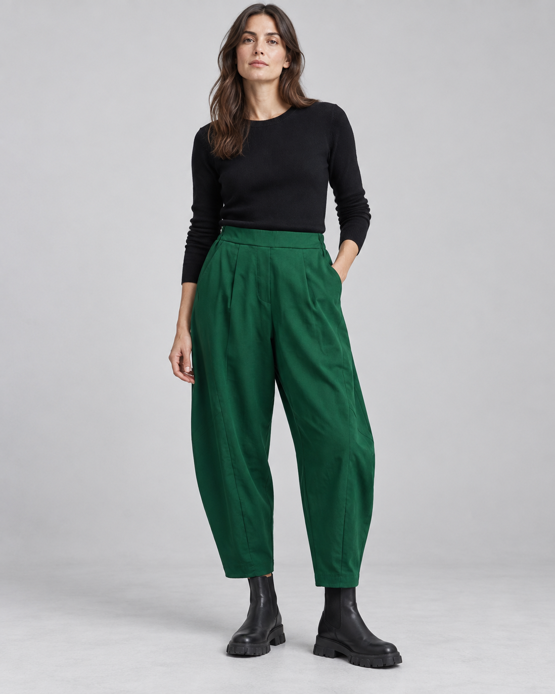 Pantaloni barrel damă cu croială lejeră din viscoză, nuanță verde închis