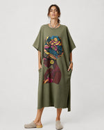 Rochie lungă din bumbac cu imprimeu etnic african, vedere din față, All Above Boutique.