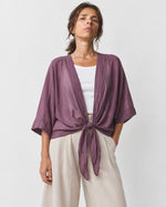 Blazer de vară din bumbac subțire, cu mânecă raglan 3/4, în nuanța violet închis, vedere frontală.