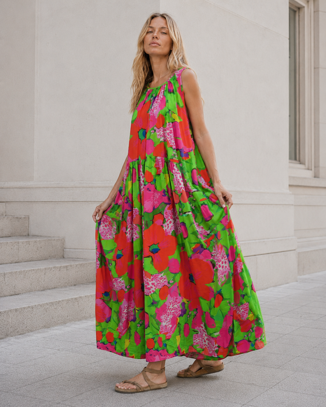 Rochie lungă evazată cu șnur la spate, vedere ansamblu cu accent pe siluetă. All Above Boutique.