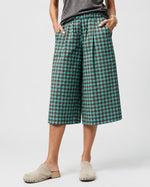 Pantaloni culotte din bumbac cu imprimeu romburi, nuanța cyan, All Above Boutique.