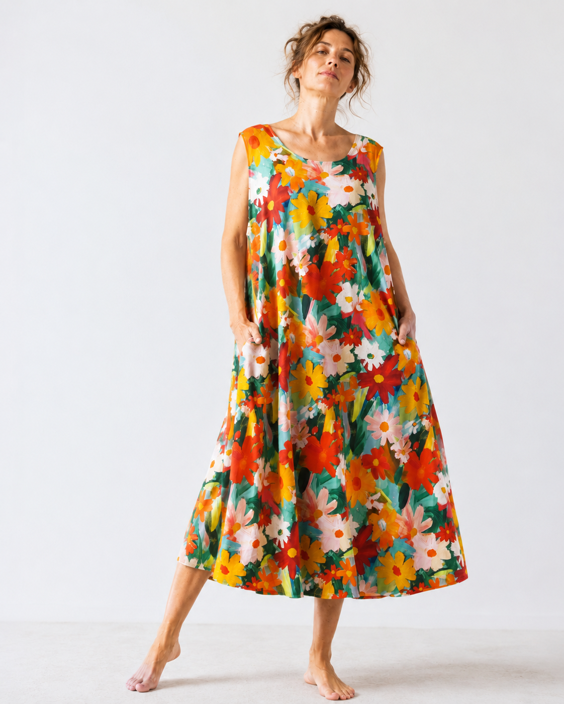 Rochie din bumbac cu margarete colorate, vedere laterală — All Above Boutique.