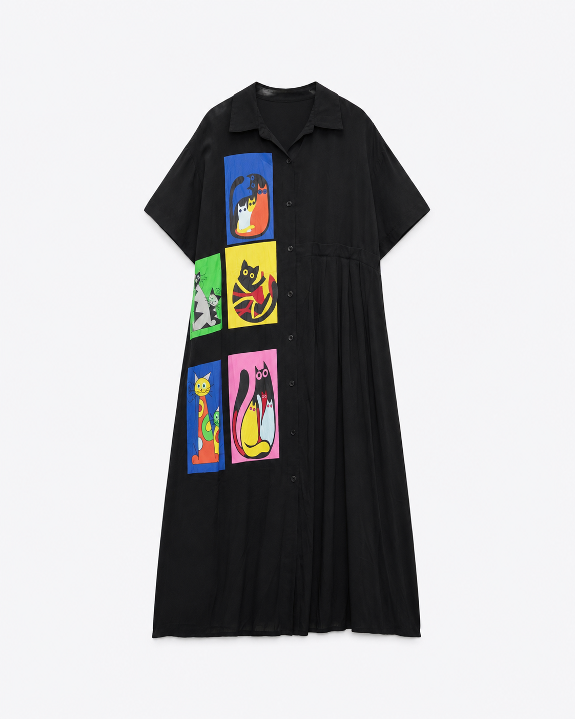 Rochie midi tip cămașă cu imprimeu colorat și pisici, vedere laterală — All Above Boutique.