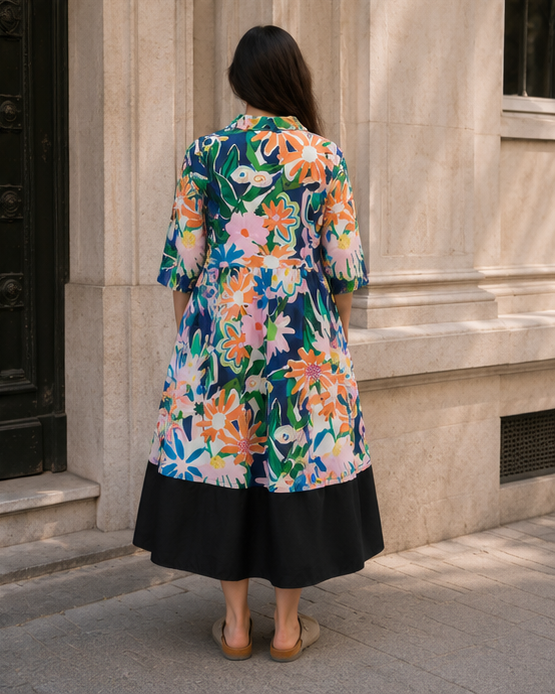 Rochie cămașă din bumbac cu imprimeu floral și volan negru, vedere laterală — All Above Boutique.