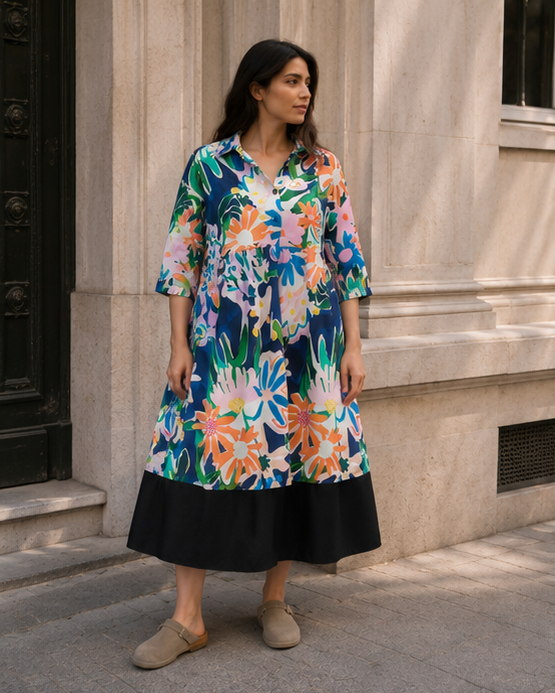 Detaliu volan negru aplicat la baza rochiei cămașă cu imprimeu floral — All Above Boutique.