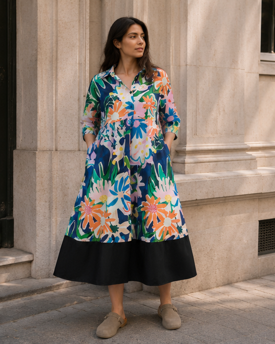 Rochie tip cămașă din bumbac cu imprimeu floral și volan negru la bază, vedere frontală — All Above Boutique.