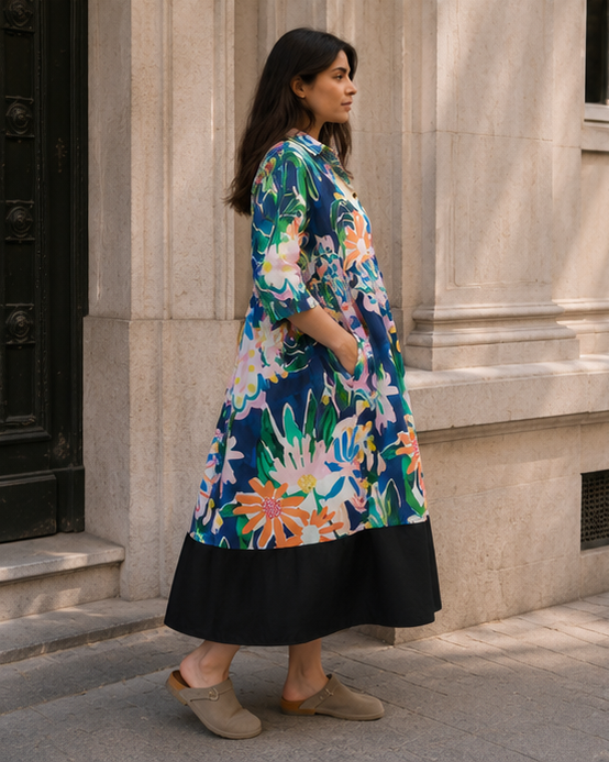 Rochie cămașă din bumbac floral cu volan negru, croială lejeră și nasturi pe toată lungimea — All Above Boutique.