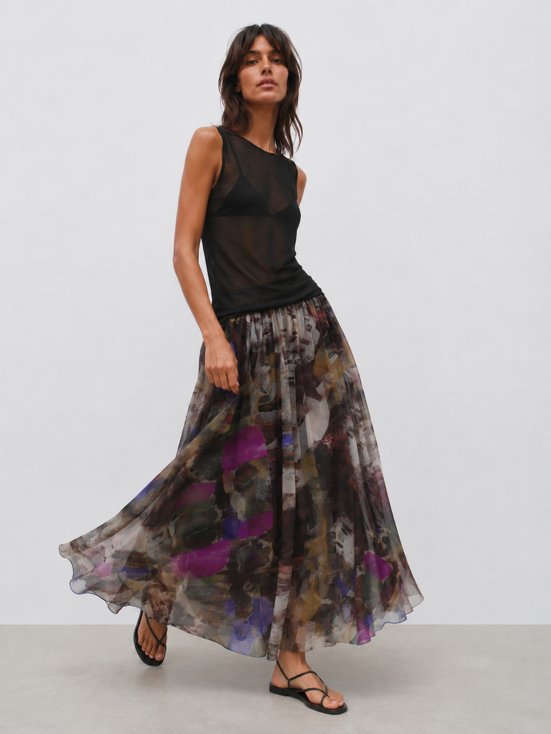 Fustă midi din tulle Amalfi cu imprimeu floral întunecat negru mov verde, vedere frontală, All Above Boutique