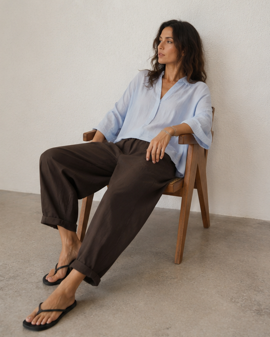 Pantaloni barrel bumbac maro vedere frontala, look casual zi, All Above Boutique