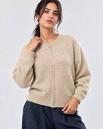 Pulover cu fermoar din amestec de mohair, nuanță crem