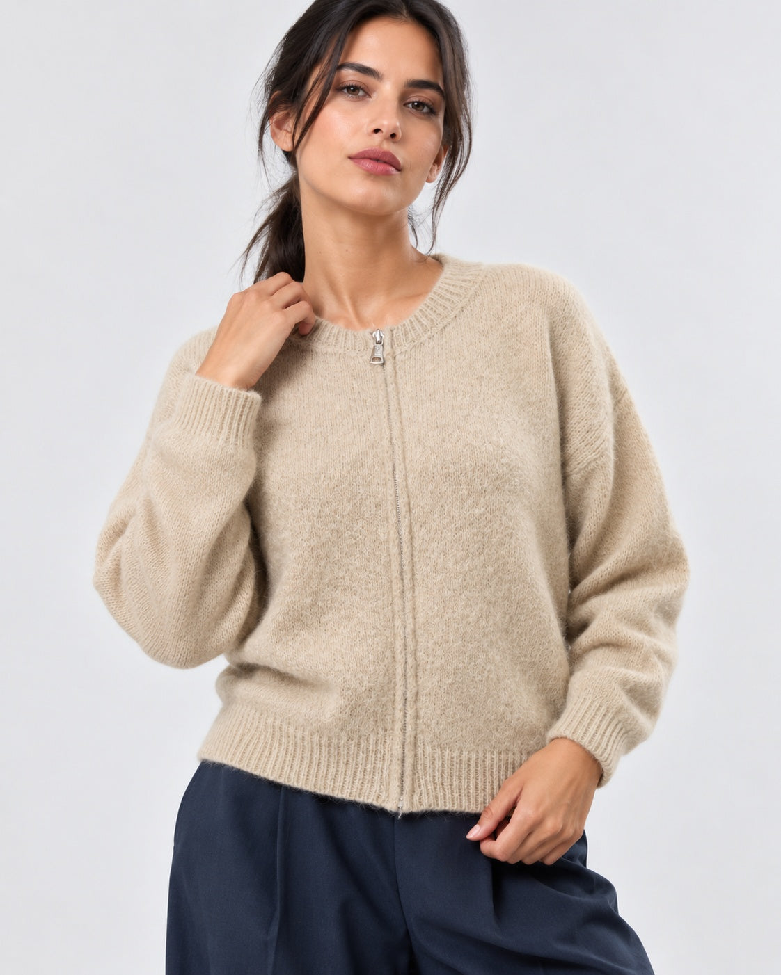 Pulover cu fermoar din amestec de mohair, nuanță crem