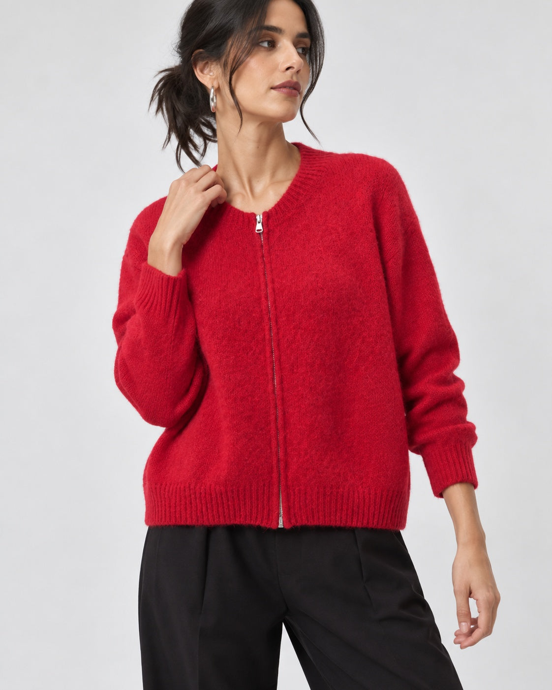 Pulover cu fermoar din amestec de mohair, nuanță roșu