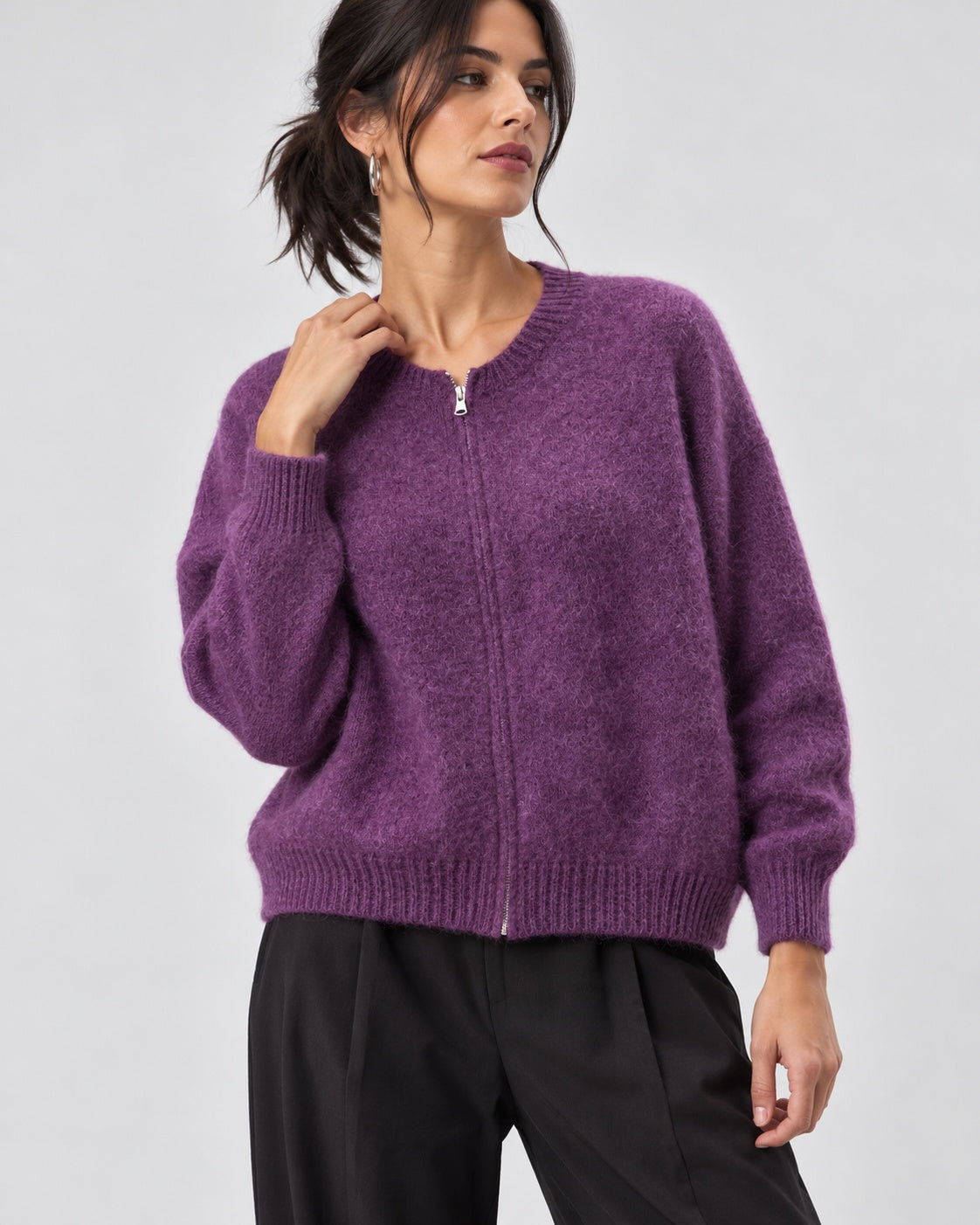 Pulover cu fermoar din amestec de mohair, nuanță violet