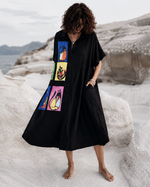 Rochie midi tip cămașă cu imprimeu colorat și pisici, croială lejeră cu nasturi — All Above Boutique.