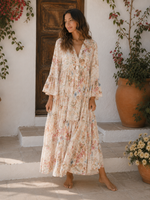 Rochie lungă boho bumbac floral Ivoire vedere ansamblu, croială oversize fluidă, All Above Boutique