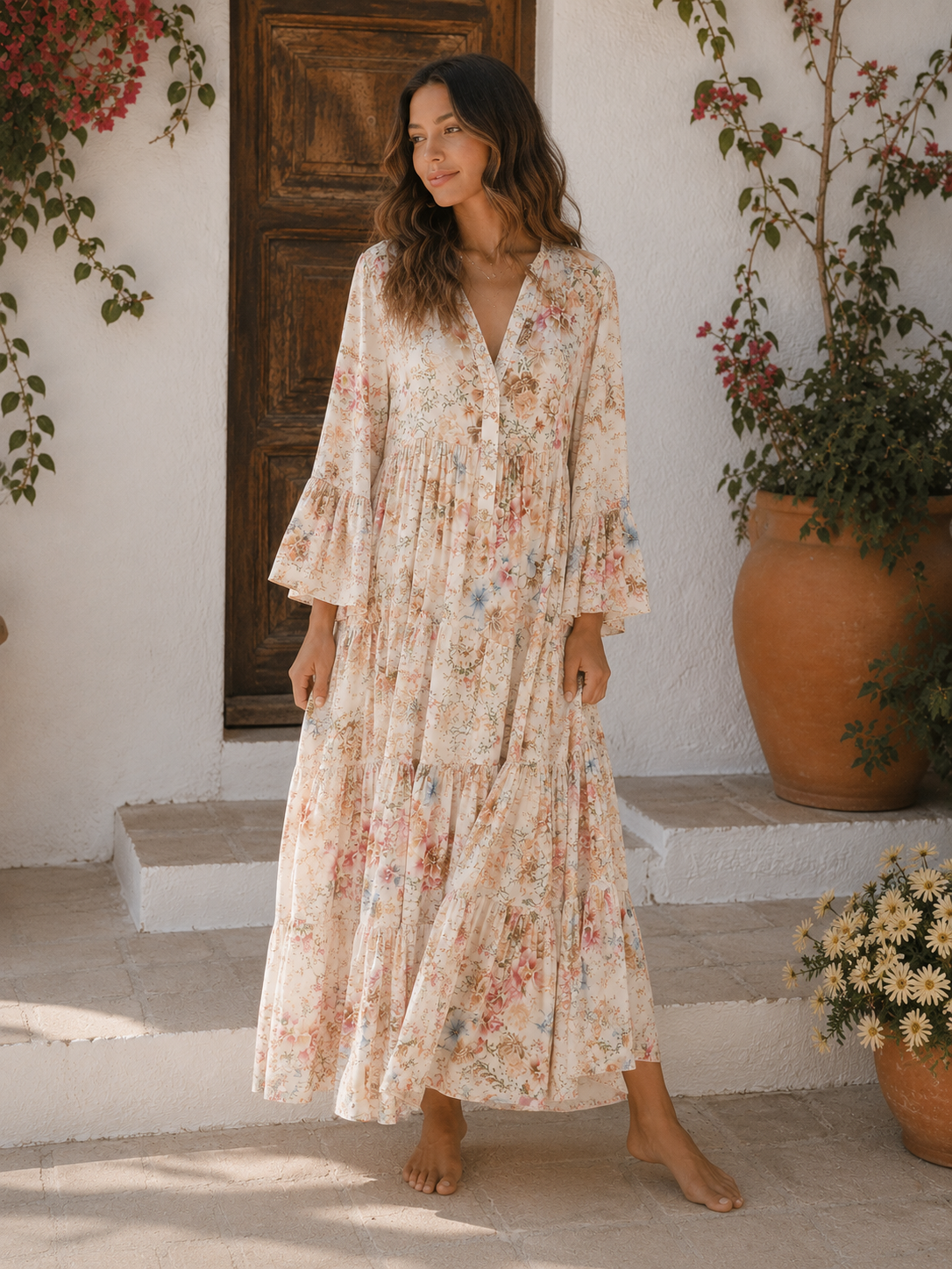 Rochie lungă boho bumbac floral Ivoire vedere ansamblu, croială oversize fluidă, All Above Boutique