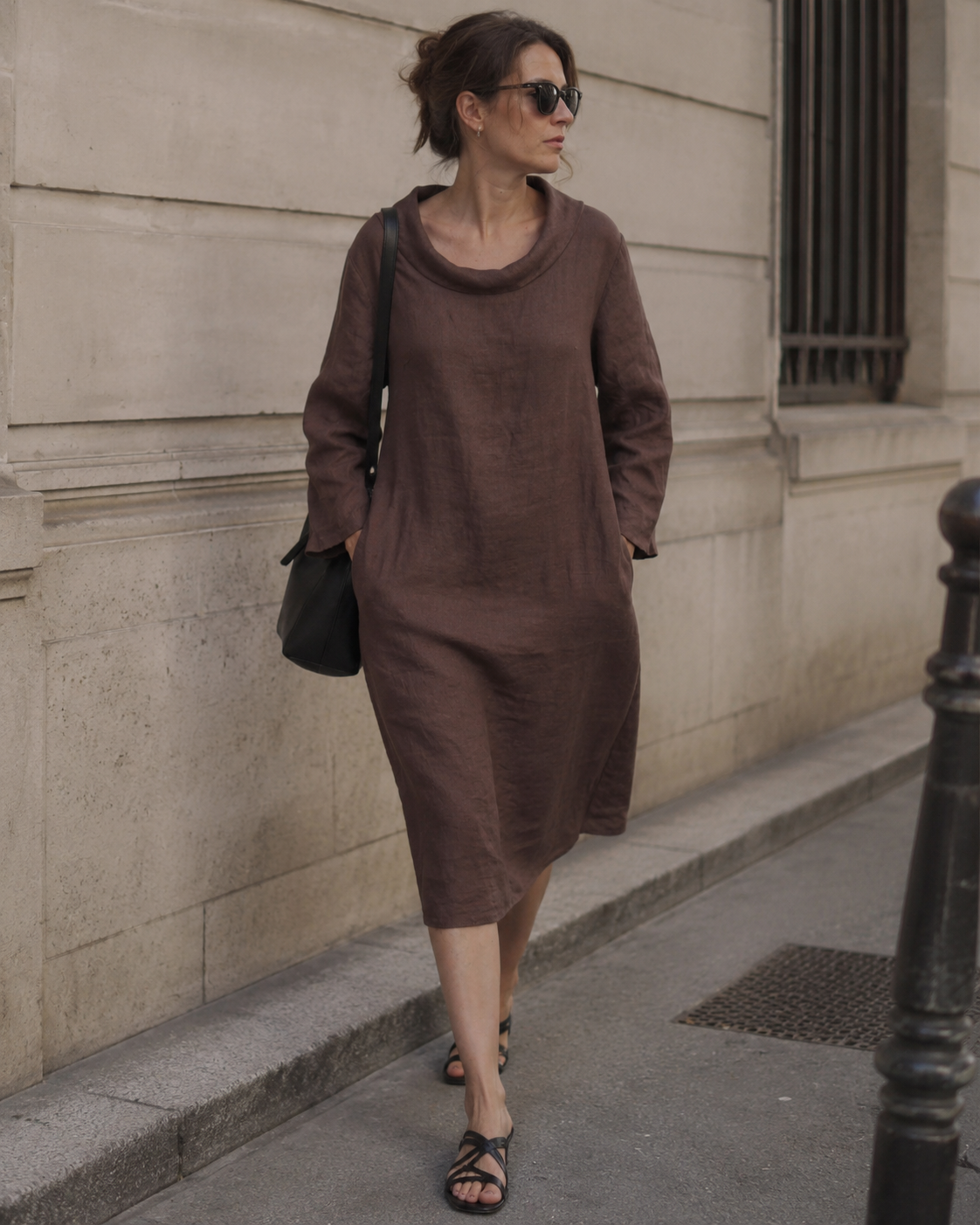 Rochie midi in maro cu guleras si cusaturi modelatoare vedere frontala, All Above Boutique