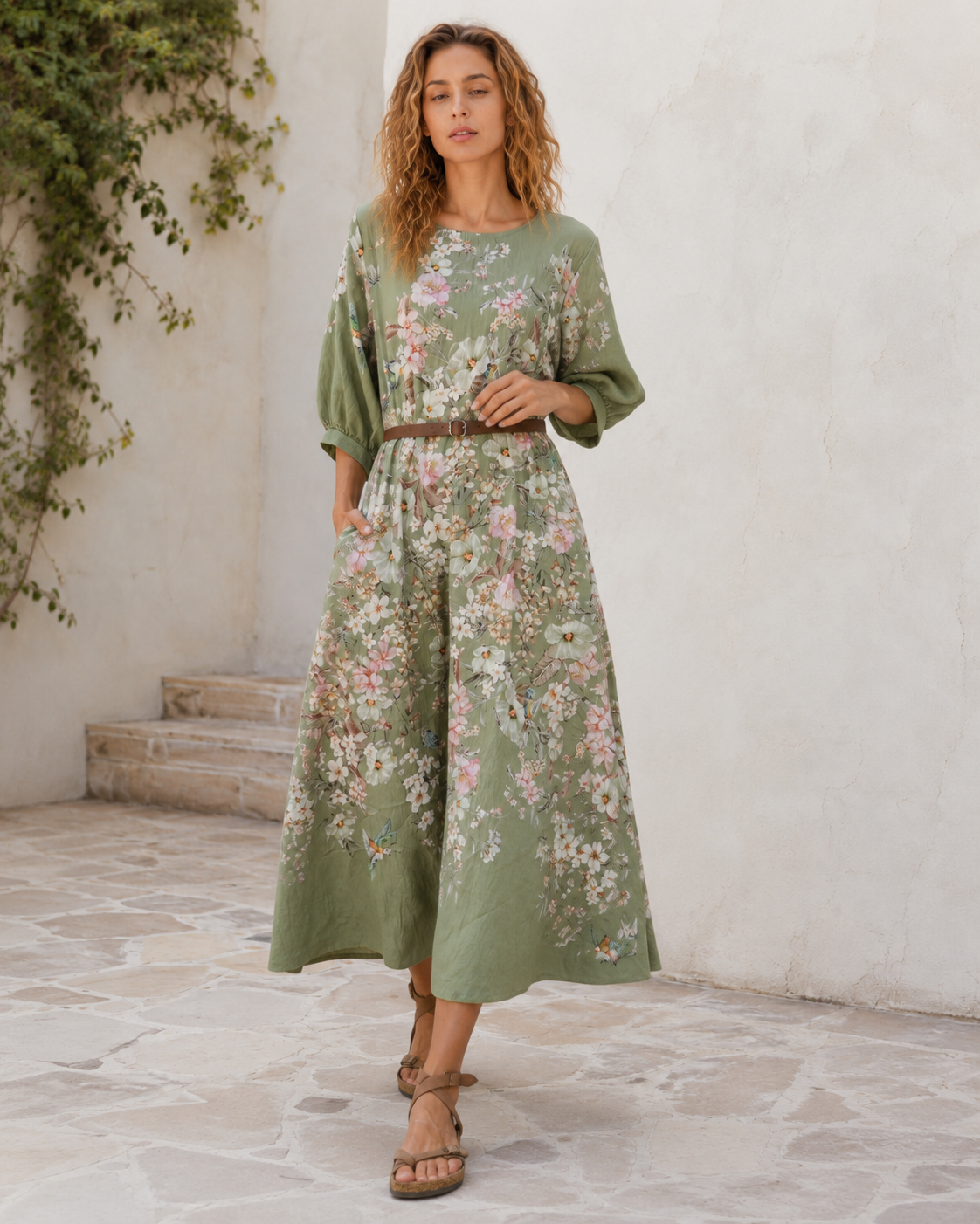 Rochie lungă cu mânecă trei sferturi și imprimeu floral, vedere ansamblu. All Above Boutique.
