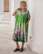 Rochie kaftan cu mătase și guler rever, vedere din spate. All Above Boutique.