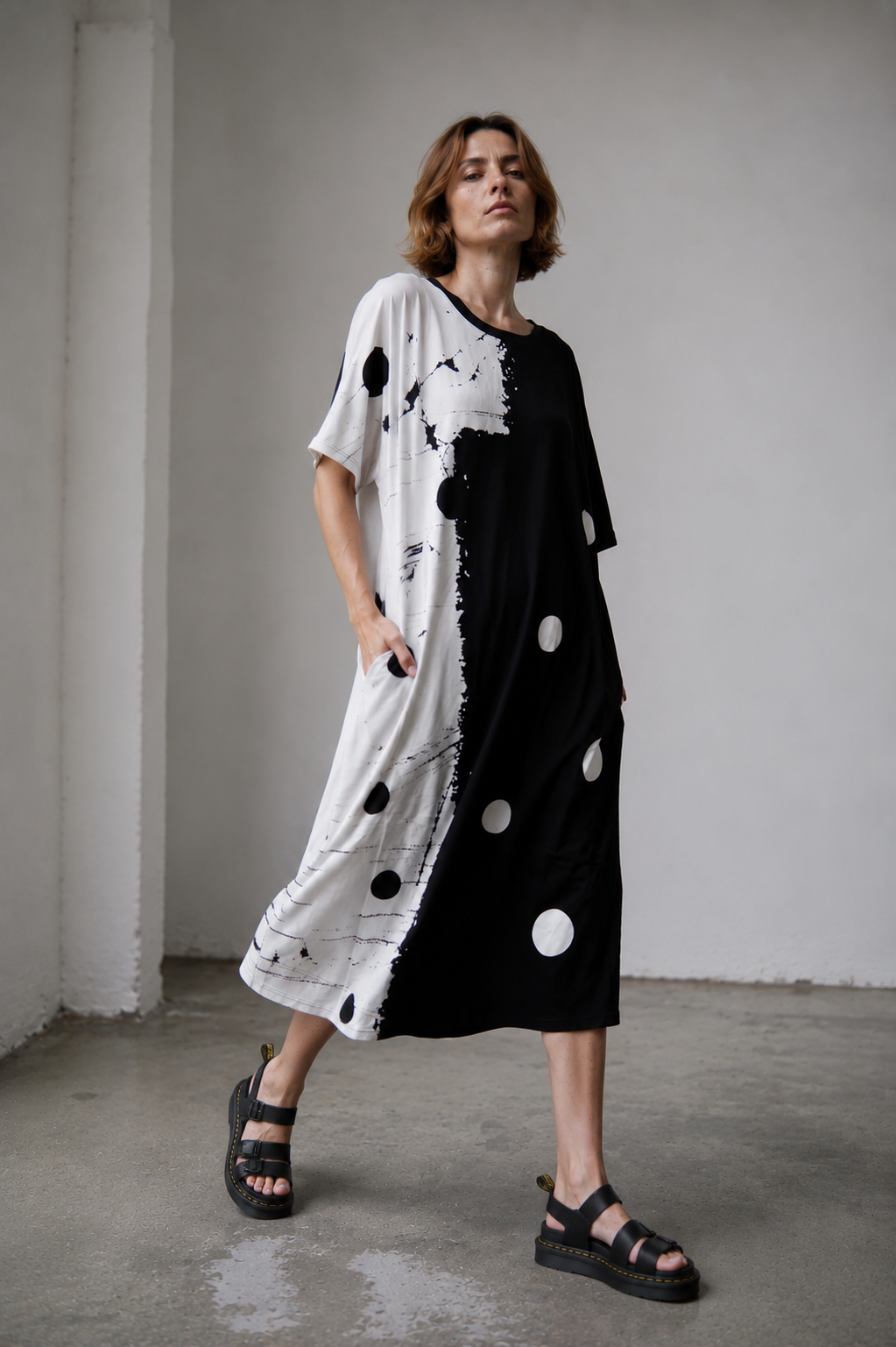 Rochie midi cu imprimeu alb-negru cu tușe de pensulă și croială lejeră, vedere frontală — All Above Boutique.