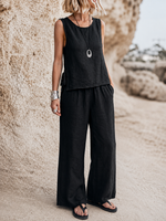 Pantalon fluid din in natural, parte din compleul boem cu snururi pe talie