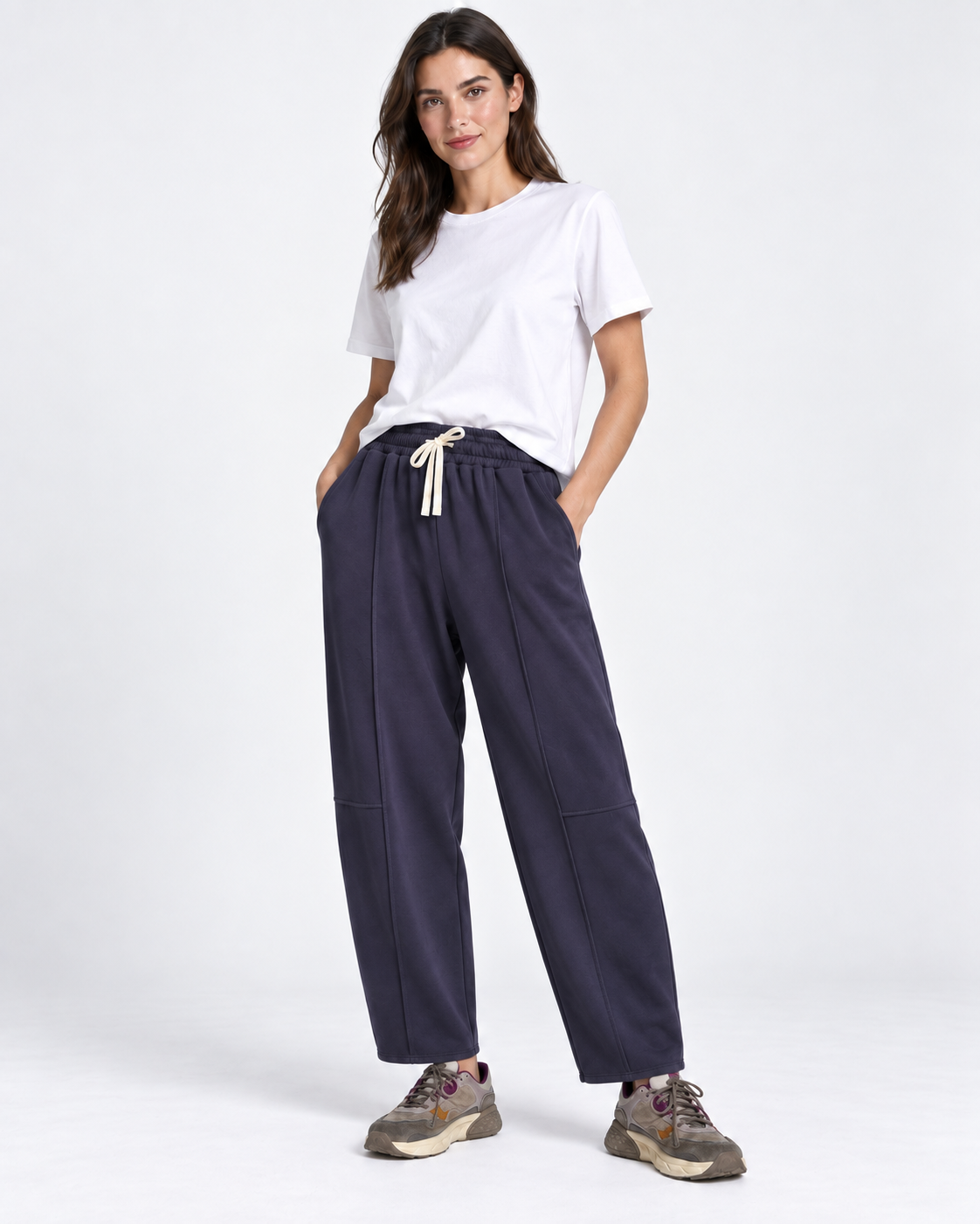 Pantaloni conici cu talie elastică, nuanță bleumarin