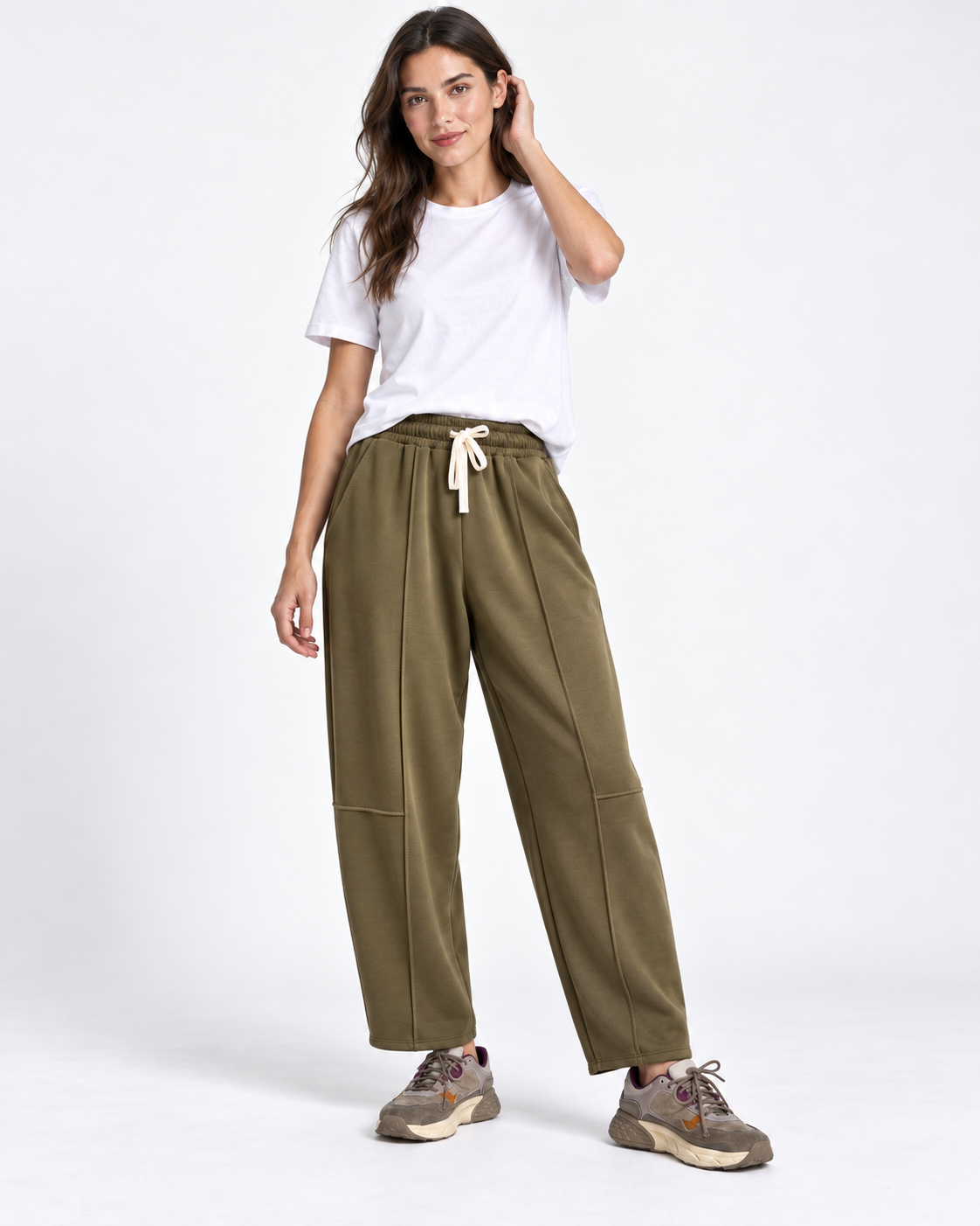 Pantaloni conici cu talie elastică, nuanță kaki