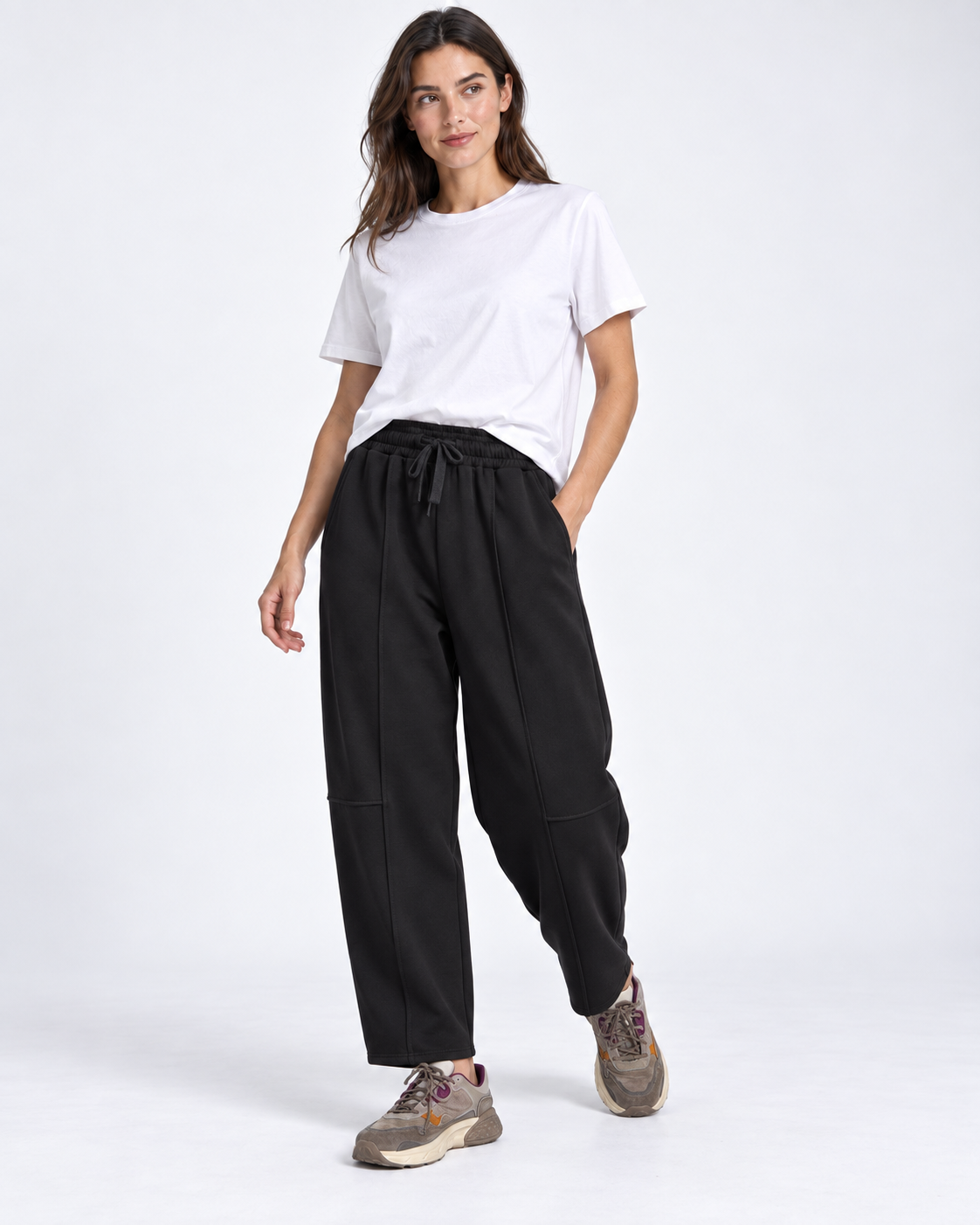 Pantaloni conici cu talie elastică, nuanță negru
