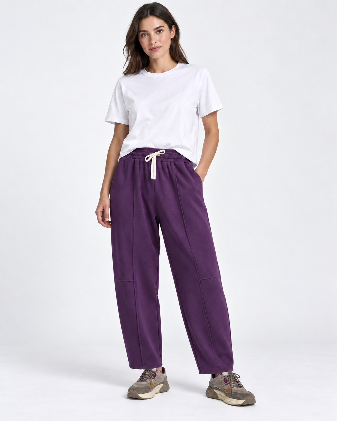 Pantaloni conici cu talie elastică, nuanță violet închis