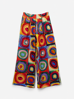 Pantaloni largi cu imprimeu de cercuri colorate, detaliu material — All Above Boutique.