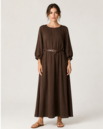 Rochie lungă cu mânecă trei sferturi și croială lejeră, nuanță uni, vedere frontală — All Above Boutique.