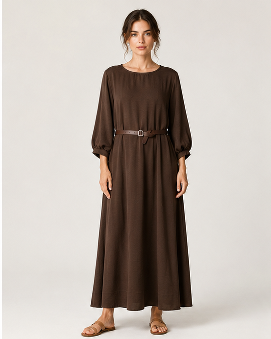 Rochie lungă cu mânecă trei sferturi și croială lejeră, nuanță uni, vedere frontală — All Above Boutique.
