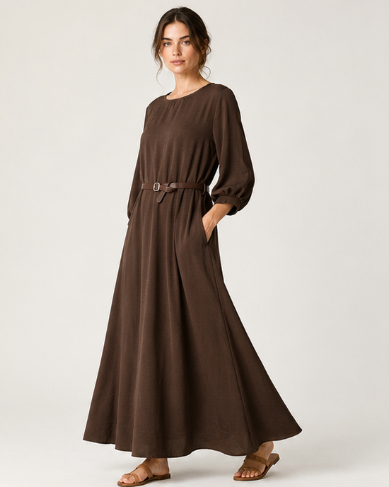 Rochie lungă uni cu mânecă trei sferturi, vedere laterală — All Above Boutique.
