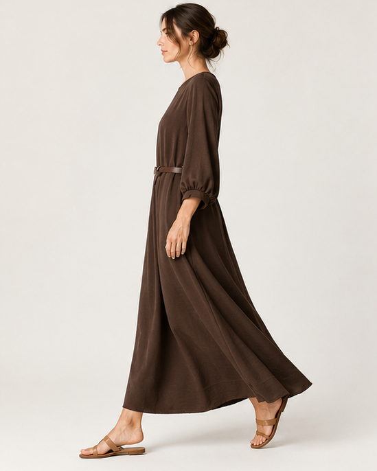 Rochie lungă uni cu mânecă 3/4, croială lejeră, detaliu — All Above Boutique.
