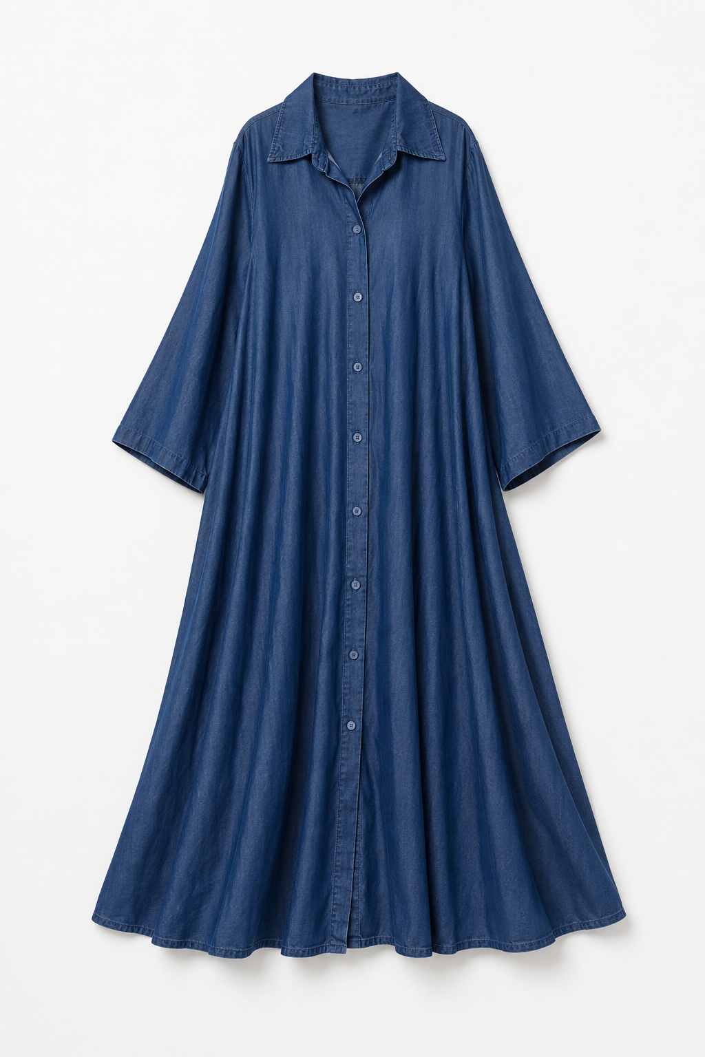 Rochie lungă din denim fluid albastru, cădere fluidă și croială lejeră — All Above Boutique.