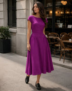 Rochie midi din viscoză fucsia cu mânecă scurtă și cusături modelatoare, All Above Boutique
