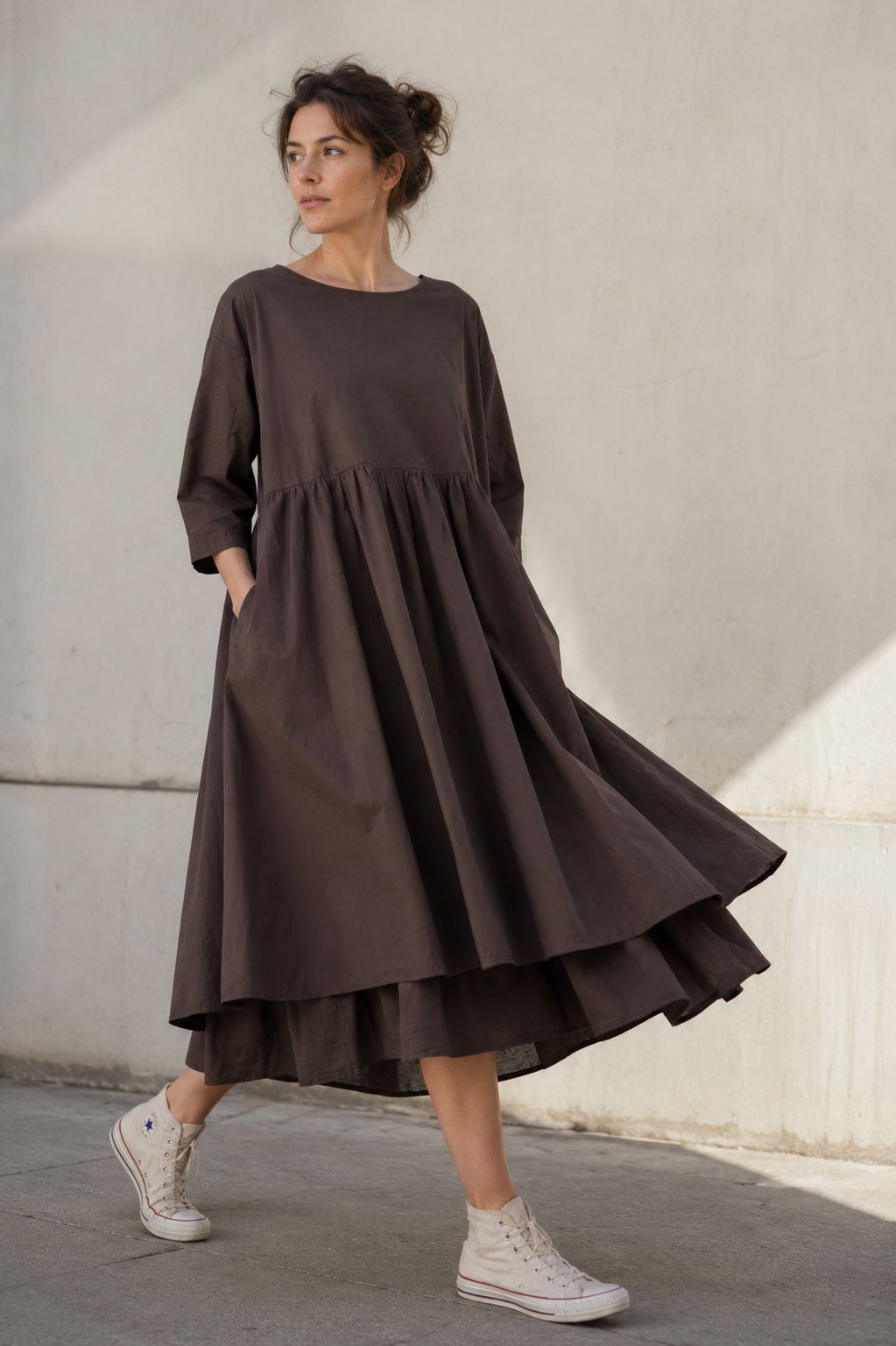 Rochie midi babydoll din bumbac albastru cer senin cu nasturi la spate, vedere frontala, All Above Boutique