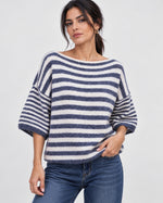 Pulover oversize pufos cu dungi și mânecă 3/4, nuanța bleumarin, All Above Boutique.