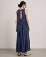 Rochie maxi bleumarin cu decolteu la spate si prindere snur, vedere ansamblu, All Above Boutique