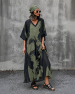Rochie larga fluida cu decolteu anchior vedere frontala, croiala ample vara, All Above Boutique