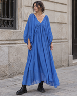Rochie din mătase cu decolteu în V și mânecă bufantă, nuanța albastru, All Above Boutique.