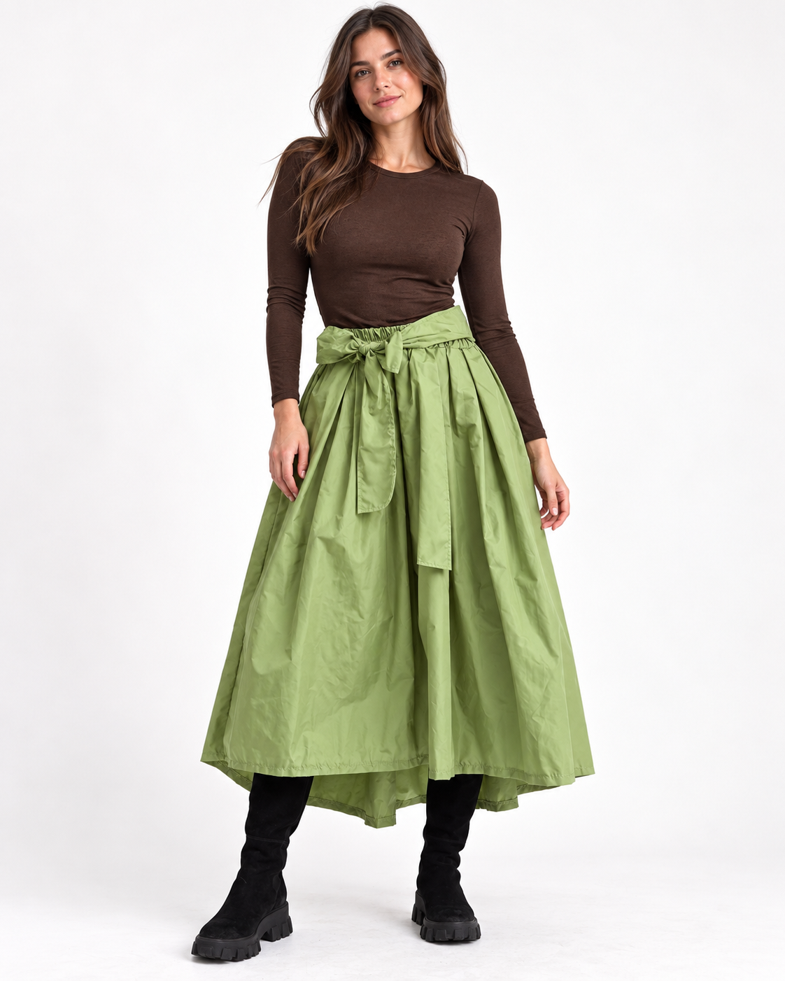 Fustă midi rândunică din tafta, nuanță verde fistic