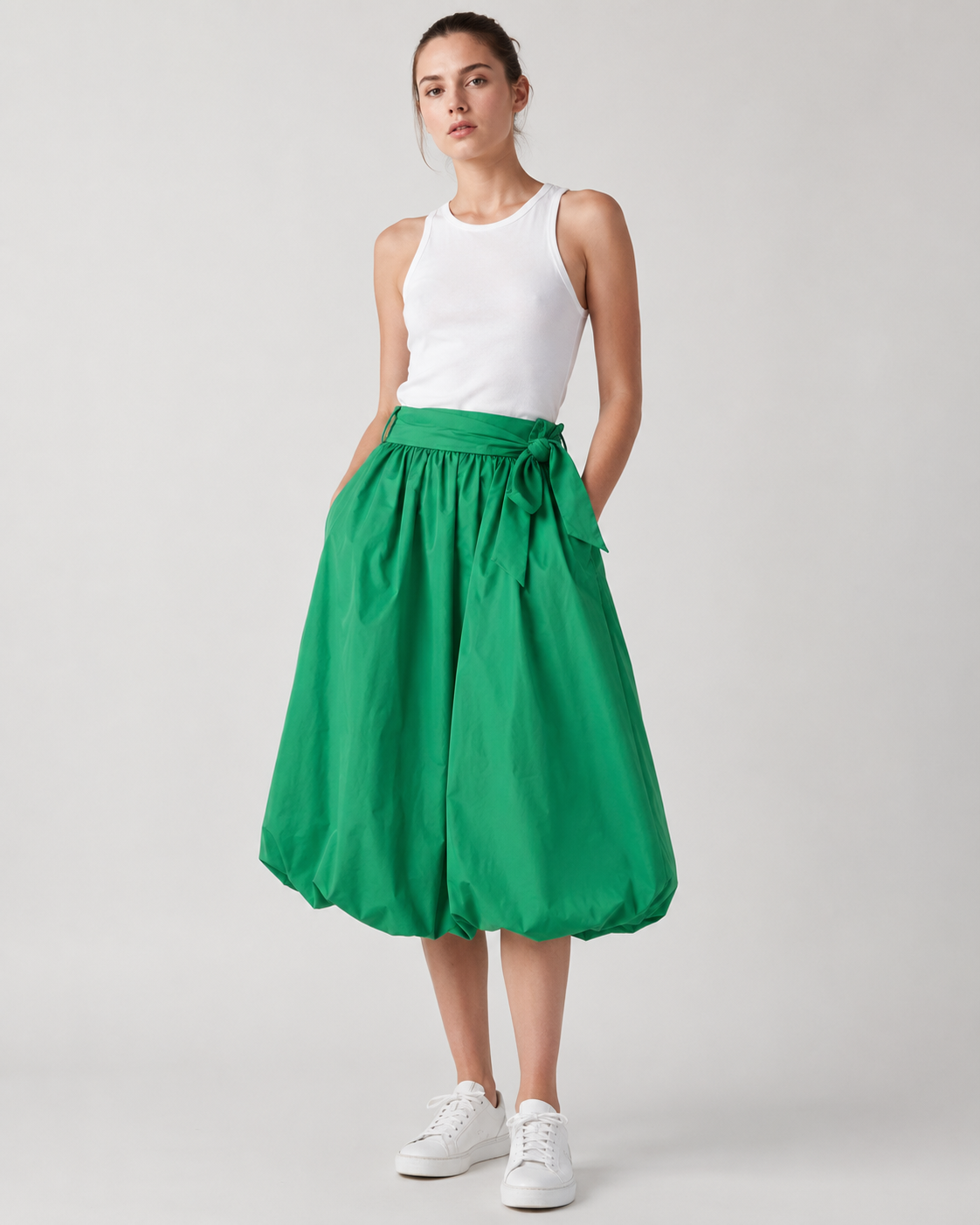 Fustă elegantă din material tip tafta, cu talie elastică, nuanță verde